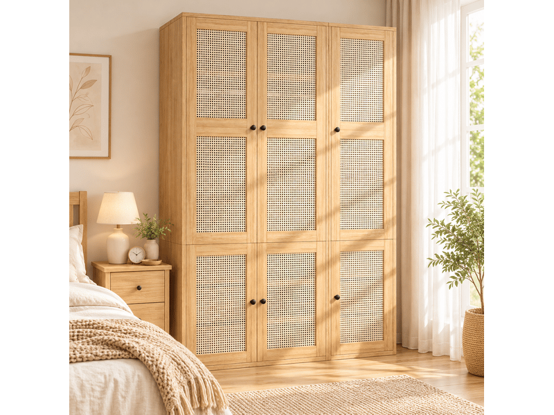  Armoire battante 135x47x200 cm avec 2 barres de penderie, 6 tiroirs, 4 compartiments, mdf, bois, dressing | chambre  - Conforama B