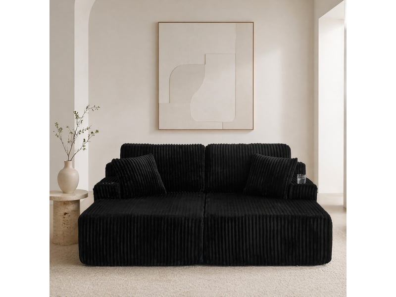 Canapé convertible 2 places avec porte-gobelet et poche latérale - coussins amovibles, velours côtelé noir - Conforama B