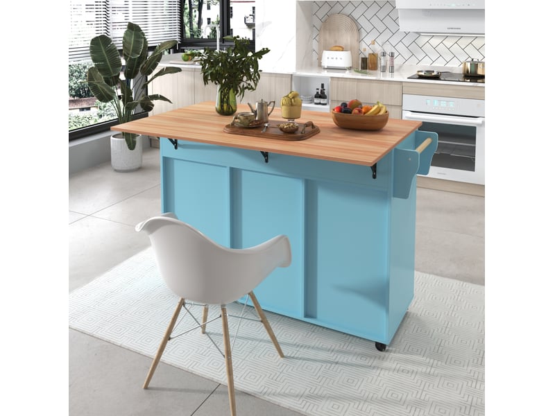 Desserte de cuisine 129 x 46 x 91,5 cm avec plateau rabattable, bleu clair et bois - Conforama B