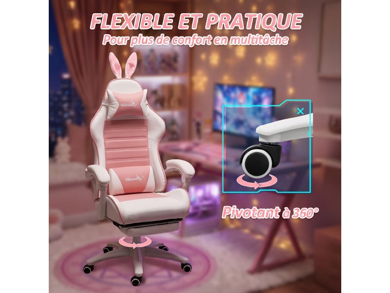  Chaise de gaming avec support lombaire, hauteur réglable, dossier inclinable, rose, oreilles de lapin et appui-tête  - Conforama W