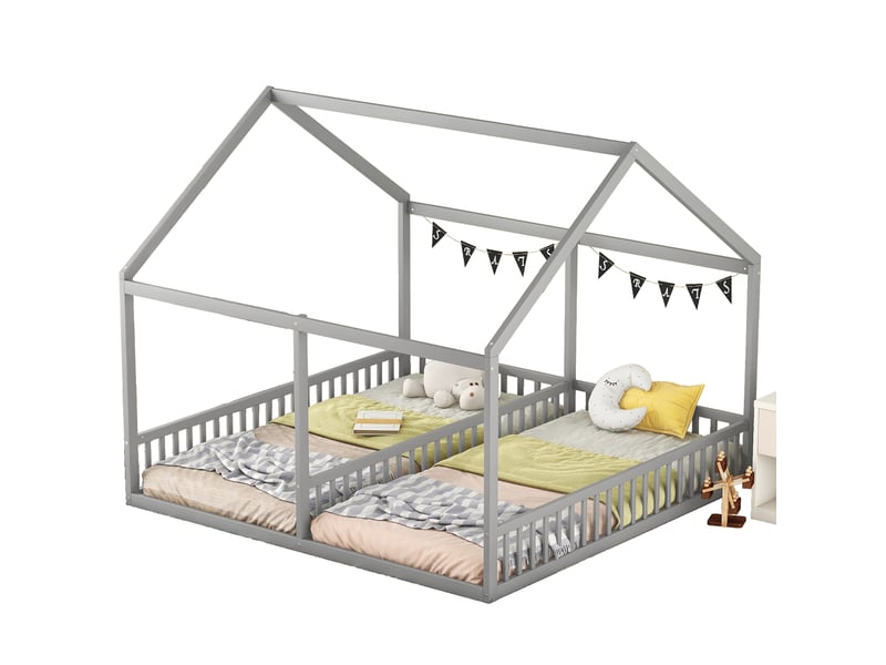  Modenvie lit cabane enfant 2 en 1 90x200 cm - double couchage avec barrières - pour chambre d'enfant - gris  - Conforama A