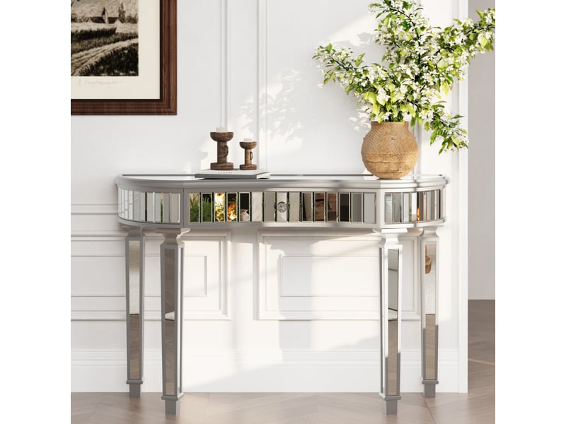  Console demi-lune à éléments miroir 120x38x78 cm avec tiroir en verre et mdf gris et argent  - Conforama C