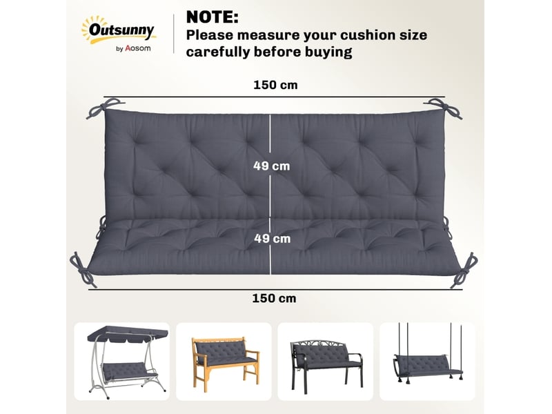  Coussin de banc 3 places 150 x 98 x 8 cm gris foncé en polyester, pour banc de jardin avec attaches  - Conforama C