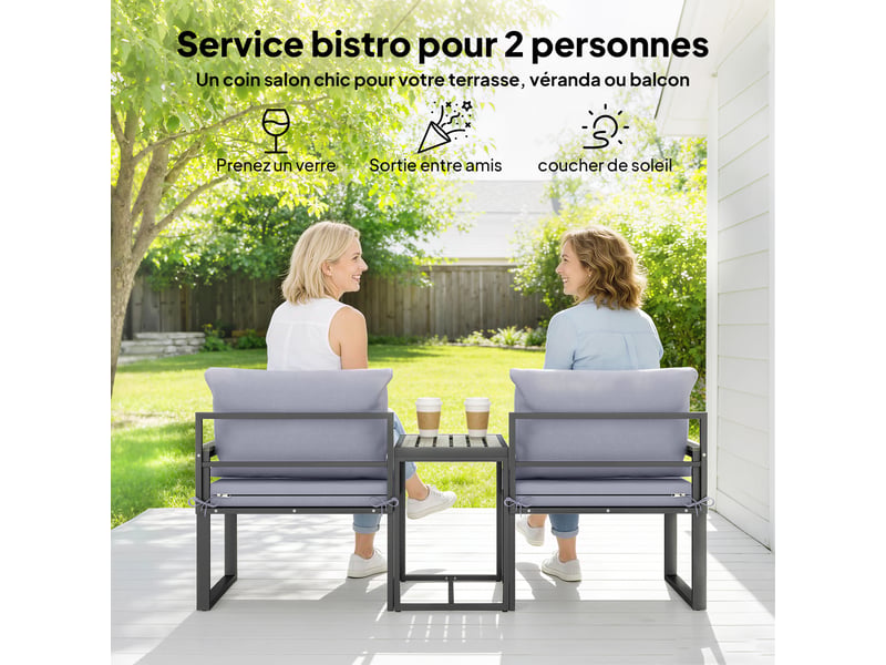  Salon de jardin 3 pièces 2 fauteuils et table d'appoint en acier gris  - Conforama D