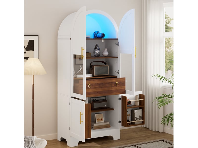 Buffet 76x40x180 cm avec façade en verre, éclairage led, 4 portes et 1 tiroir, en mdf et panneau de particules, blanc - Conforama E