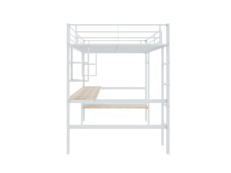 Lit mezzanine 140x200 cm avec étagères, structure acier, sommier, protection, métal + mdf, blanc, sans matelas - Conforama E