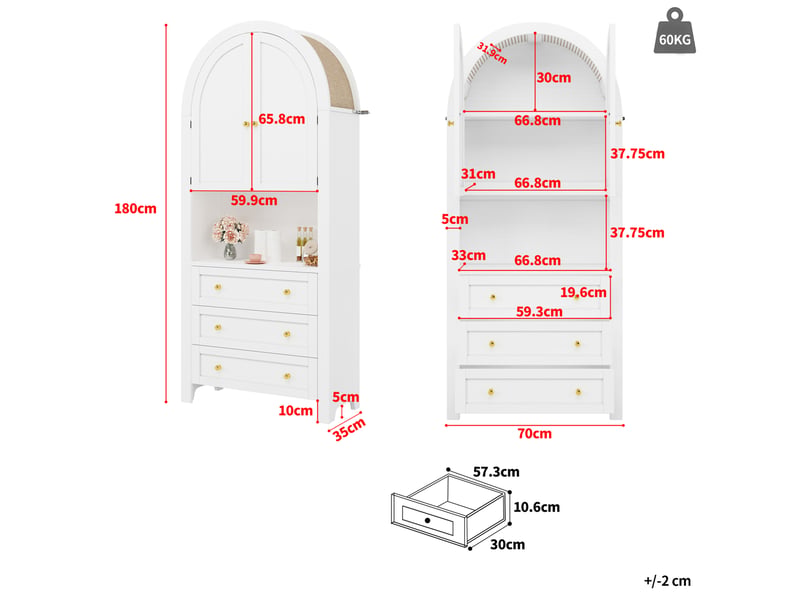  Armoire haute courbée 70x35x180 cm, design élégant avec 3 tiroirs et portes arrondies, mdf, anti-basculement, blanc  - Conforama C