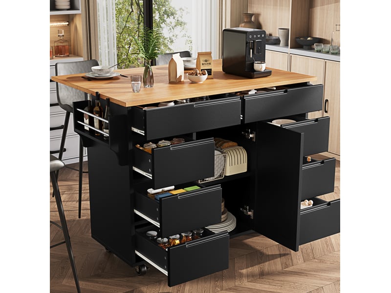  Îlot de cuisine mobile avec 8 tiroirs et plan de travail rabattable, desserte en bois avec rangement, noir  - Conforama W