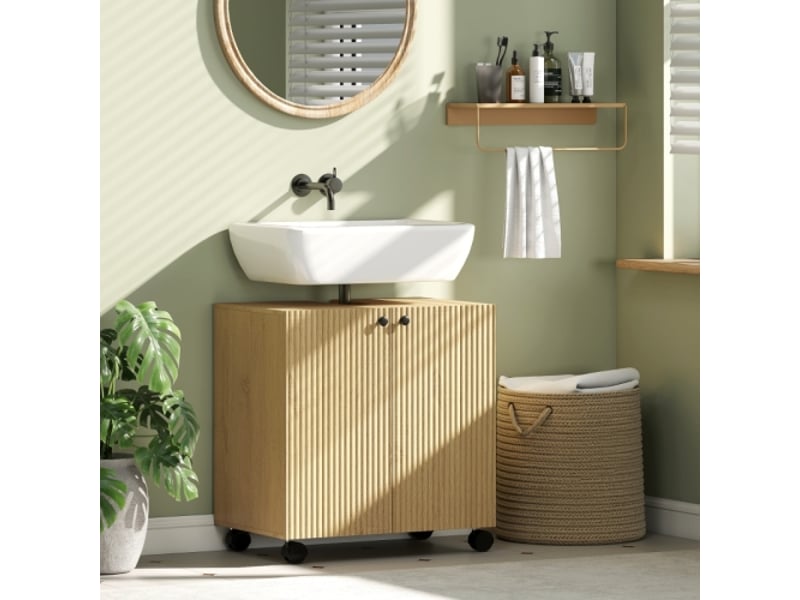  Meuble sous lavabo en bois avec rangement à 3 niveaux et roulettes, pour salle de bains  - Conforama D