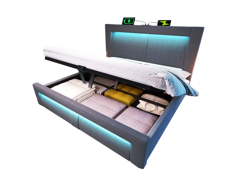 Lit double 160x200 cm coffre hydraulique led usb et usb-c velours gris avec matelas  - Conforama A
