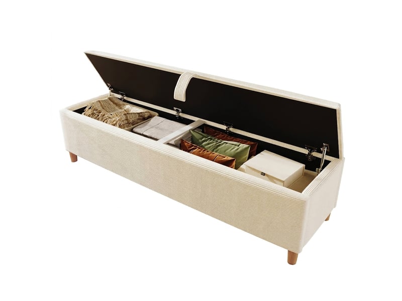  Banc de lit beige 165 cm en velours côtelé avec coffre hydraulique  - Conforama A