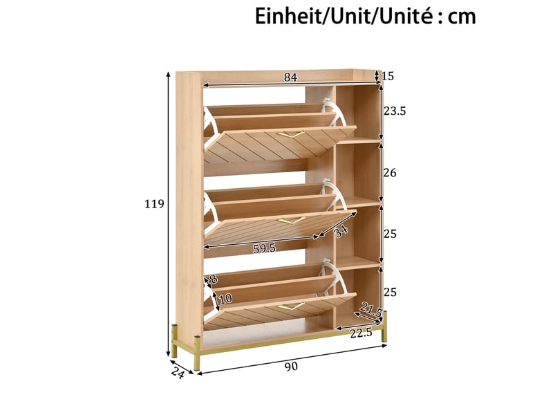 Meuble chaussures 90x24x119 cm, rangements ouverts, 3 portes abattantes, fermeture douce, en panneau mdf, naturel  - Conforama C