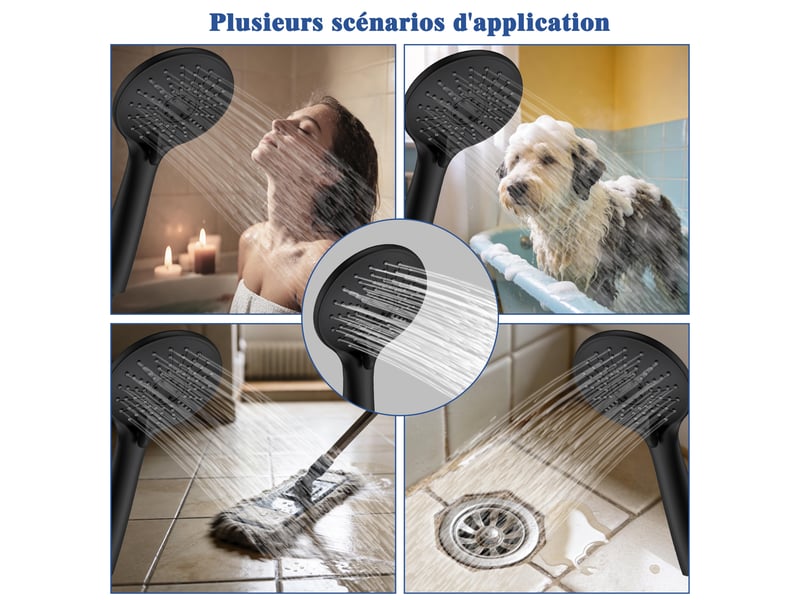Pommeau de douche aica avec tuyau de douche 1.5m, douchette à main 3 modes, abs & acier inoxydable 304, noir - Conforama E