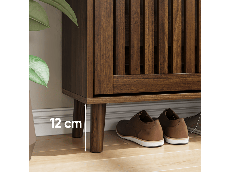 Meuble à chaussures effet noyer 2 abattants avec portes à lattes  - Conforama D