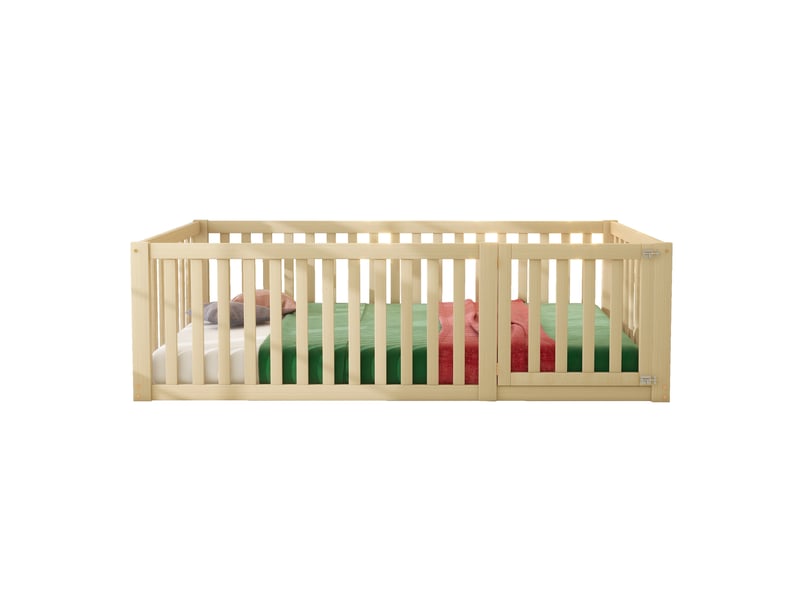  Lit enfant 90x200cm, sans sommier, lit bébé, lit simple avec barrière de sécurité, sans matelas, en bois+mdf, naturel  - Conforama A