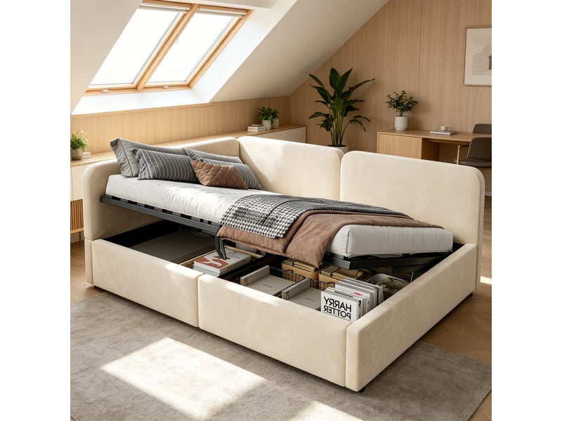  Lit banquette double 140×200 cm coffre hydraulique et tête de lit réversible  - sans matelas, velours beige  - Conforama B