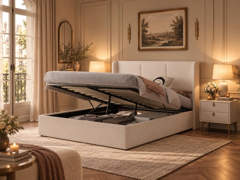  Lit 2 places 140×190 cm – lit coffre –  dossier capitonné - sommier à lattes – lin beige  - Conforama B