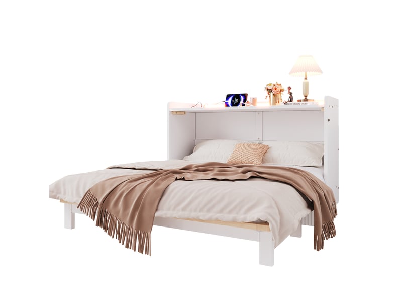 Lit escamotable 140 x 200 cm blanc avec tiroirs, led, usb et prise - Conforama A