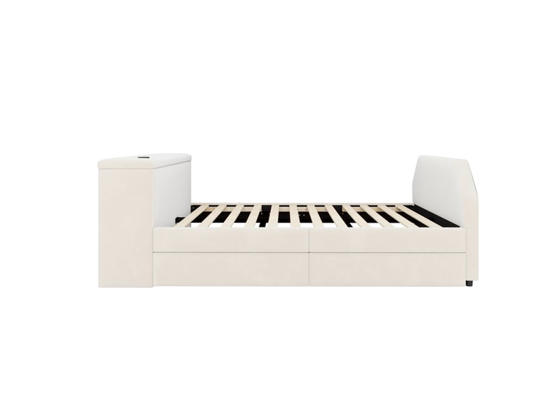  Lit enfant gigogne rembourré 140x200 cm beige avec bureau intégré, usb et lit d’appoint 90x200 cm Fay Lum - Conforama E