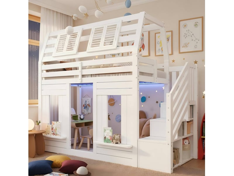 Lit mezzanine enfant 90x200 cm avec led et escalier de rangement, blanc - Conforama D