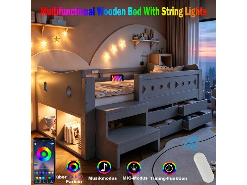  Lit jeune, 90x200 cm, éclairage led, ports de charge, gris, poids 52 kg cao-LDF00652AAE-conf-NEW - Conforama W
