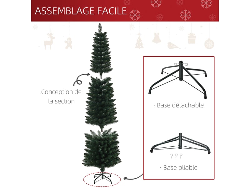  Sapin de noël artificiel 180 cm, support en métal pliable, arbre de noël slim avec 380 pointes de branche, vert  - Conforama R