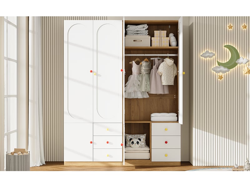  Armoire enfant 2 portes avec tiroirs, tringle, poignées céramique colorées, blanc, finition laquée  - Conforama E
