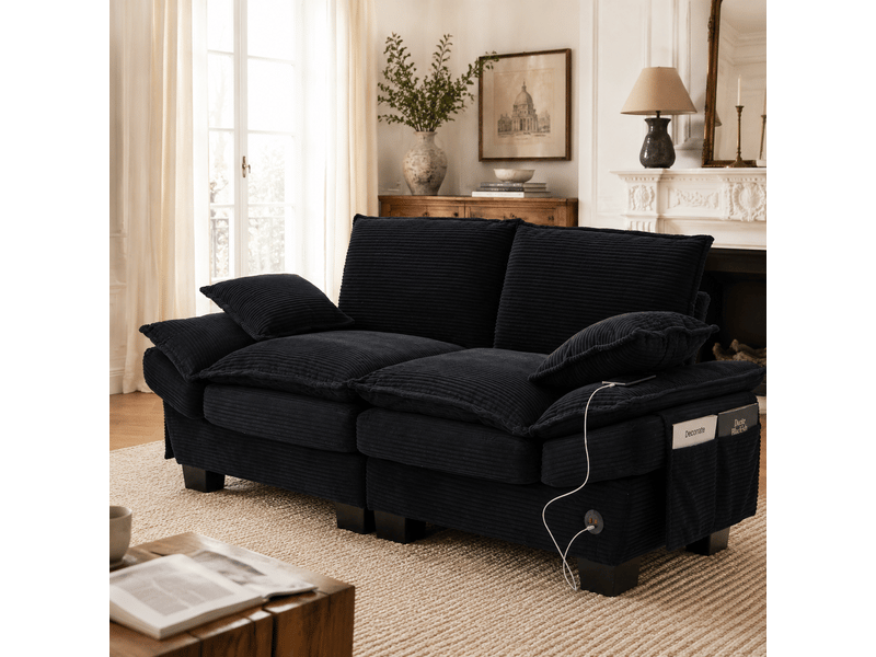  Canapé modulable, canapé de salon – poches latérales, mousse haute densité, port usb, noir, en velours côtelé  - Conforama A