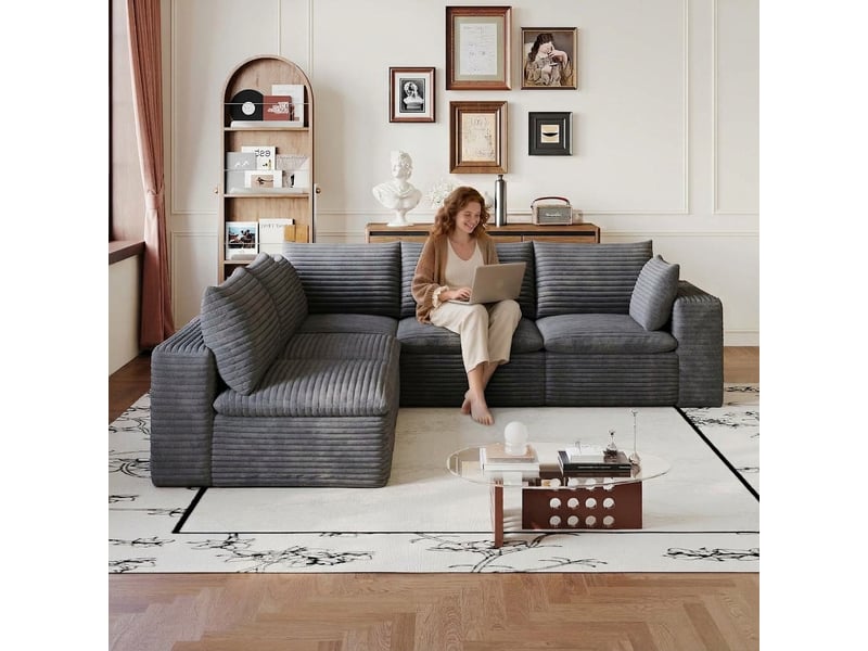  Canapé nuage en velours côtelé 5 places modulable sans structure en bois gris foncé  - Conforama C