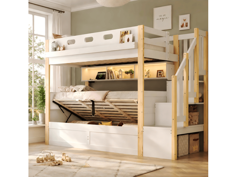  Lit superposé enfant tcqpz 2 x 90 x 200 cm avec rangement hydraulique, escalier de rangement, led et usb blanc et bois naturel  - Conforama B