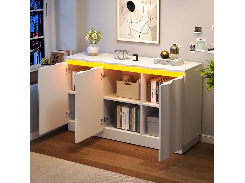 Buffet 120x39.5x69.5 cm à 3 portes avec éclairage led bluetooth, blanc mat - Conforama C