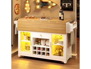 Desserte roulante blanche avec éclairage led rgb, plateau extensible et porte-bouteilles mobile