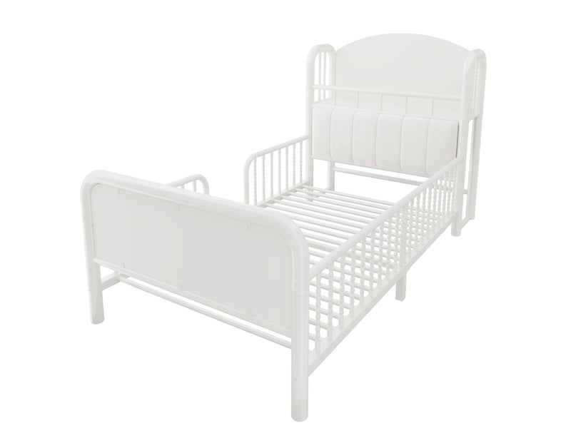  Lit simple enfant 90x200 cm métal blanc, barrières de sécurité, tête de lit rangement et éclairage led  - Conforama D