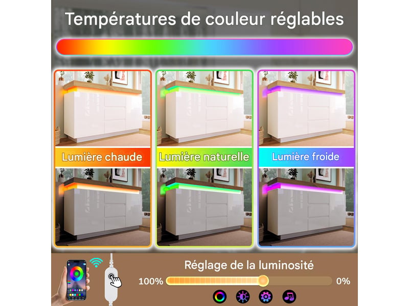  Buffet 2 portes et 3 tiroirs avec led blanc 140 x 39 x 81 cm  - Conforama E