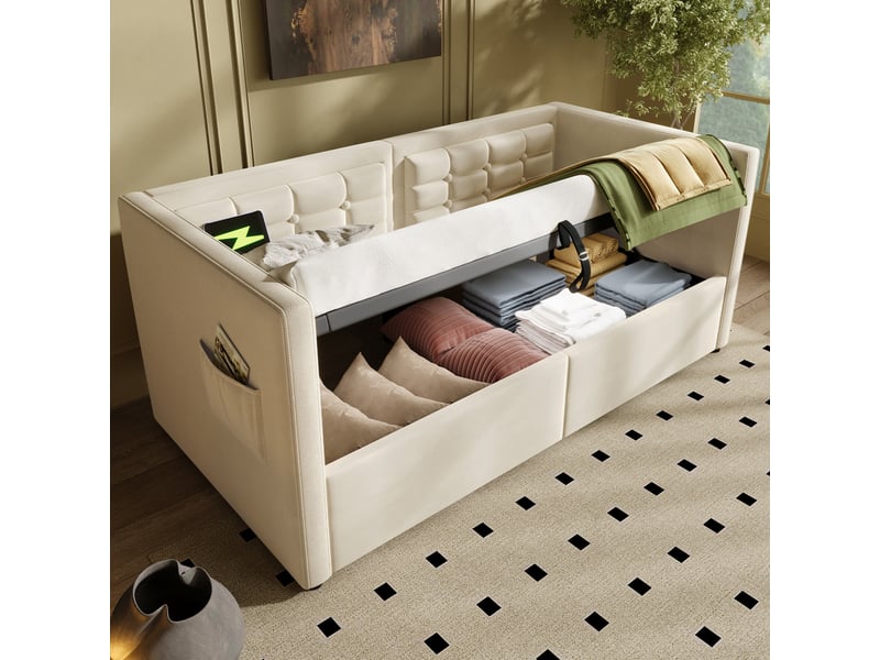  Lit banquette 90 x 200 cm avec coffre, usb et usb-c, velours beige, sans matelas  - Conforama D