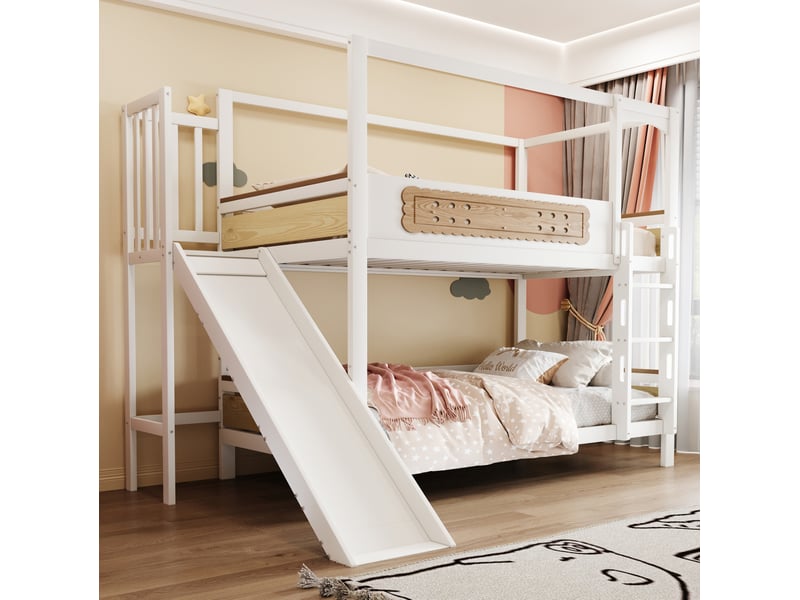  Modenvie lit superposé enfant 90x200 cm - avec toboggan, échelle large et barrières de sécurité - blanc et naturel  - Conforama E