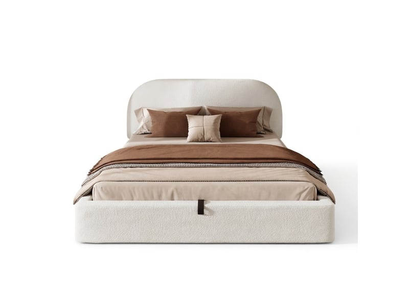  Lit coffre adulte 180 x 200 cm beige bouclé avec sommier à lattes tête de lit rembourrée matelas inclus hydraulique  - Conforama A