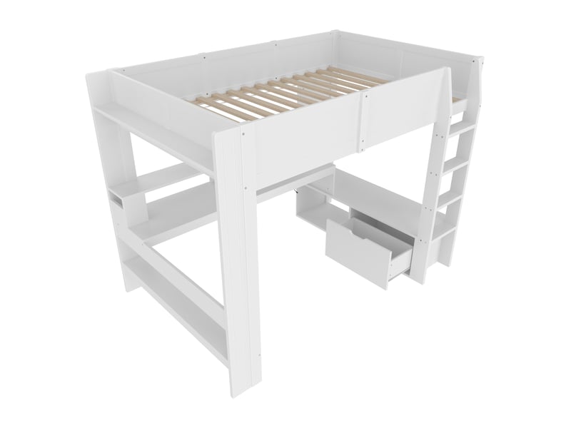  Lit mezzanine gaming blanc 140 × 200 cm, bureau, led, tiroir et étagères  - Conforama E