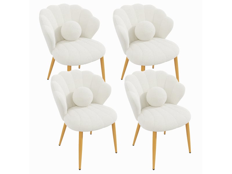  Chaises de salle à manger lot de 4 avec dossier coquille, coussins ronds et pieds dorés en tissu bouclette blanc  - Conforama A