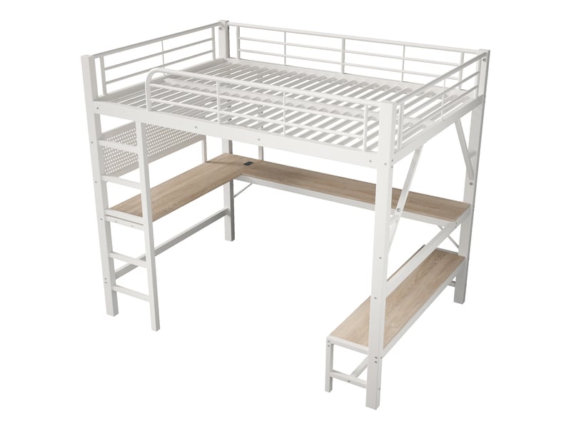  Lit mezzanine 160x200 cm blanc en métal avec bureau, led, usb et type-c, rangements pratiques, sans matelas  - Conforama A