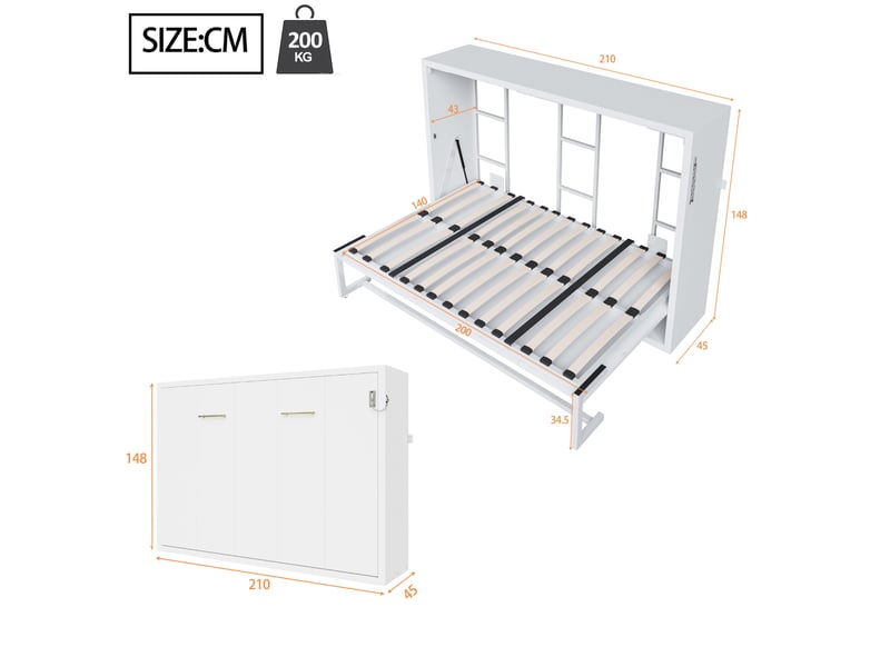  Lit escamotable lit armoire blanc mural 140x200 cmcadre métal et bois pliable robuste silencieux idéal studio appartement ou chambre d invités OPULERANE TRADING LTD - Conforama E