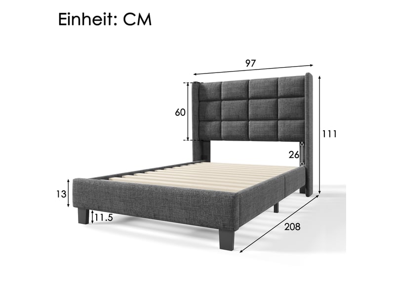  Lit simple capitonné avec sommier à lattes 90x200 cm en lin gris  - Conforama E