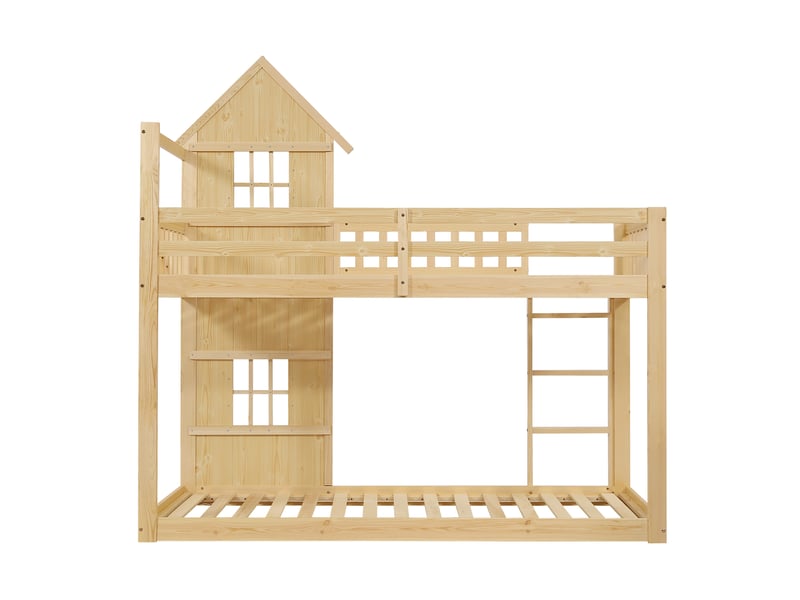  Lit superposé, lit enfant, 2 fenêtres élégantes, formes harmonieuses, escalier à trois marches, rambarde sur tout le pourtour, pin et mdf, aspect naturel, 90 x 200 cm  - Conforama E