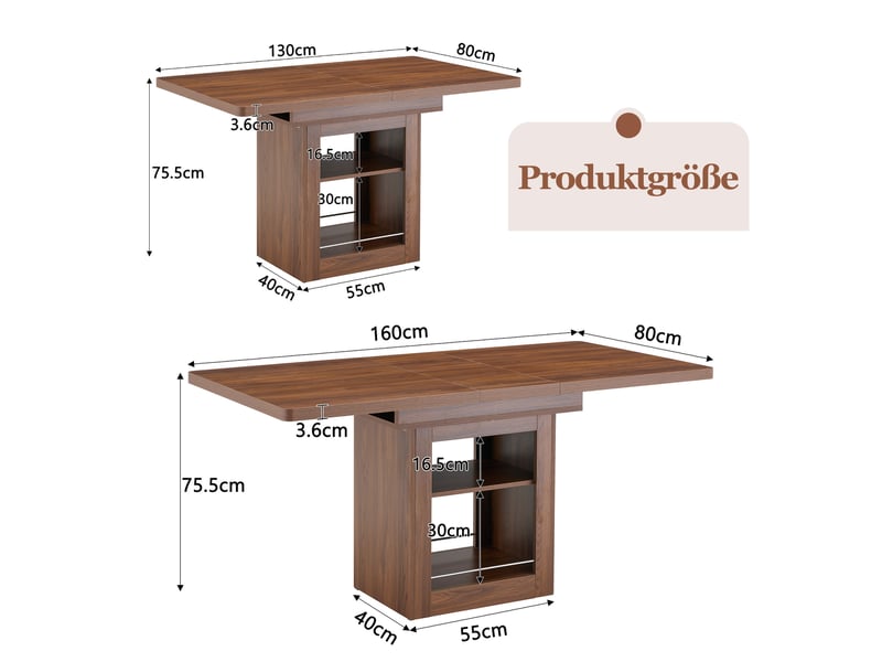  Table à manger extensible, table extensible 130-160x80x75,5 cm, table repas 2 à 6 personnes, rangement, mdf, noir  - Conforama C