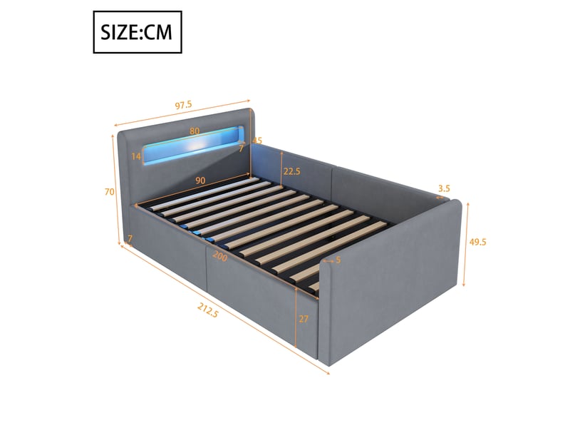  Lit coffre enfant 90x200 cm avec led et usb gris clair  - Conforama C