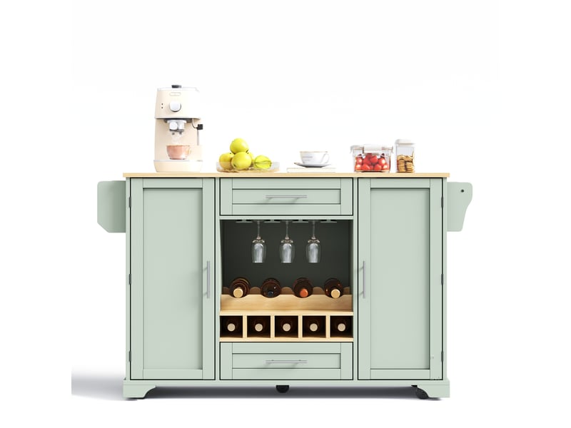  Îlot de cuisine mobile 120 × 45(70) × 92 cm vert antique, mdf, plateau rabattable, casier à vin, porte-verres et roulettes  - Conforama A