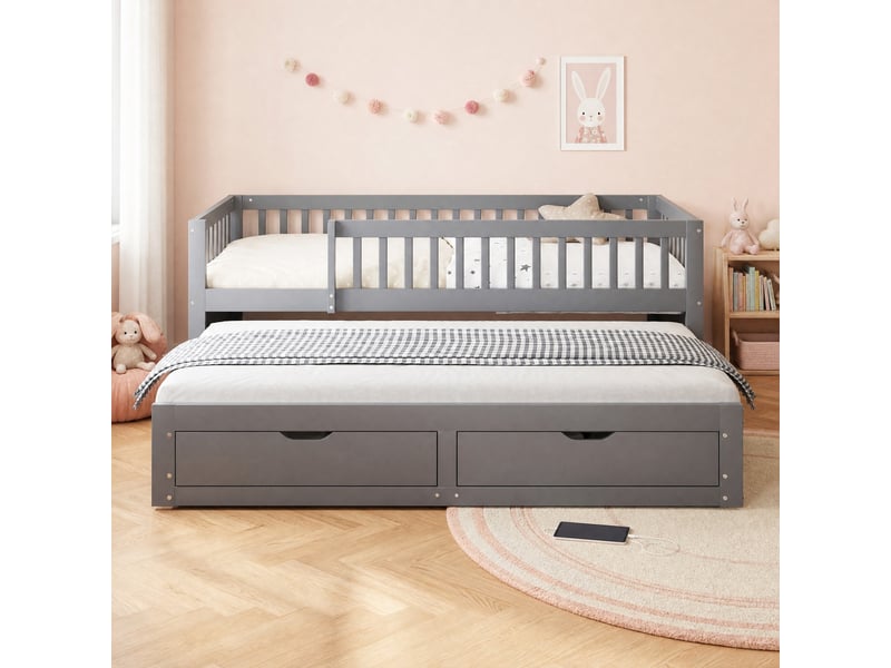  Couchage gigogne, 90x200 cm, avec barrières de sécurité, 2 tiroirs pratiques, matelas non inclus, bois, coloris gris  - Conforama B