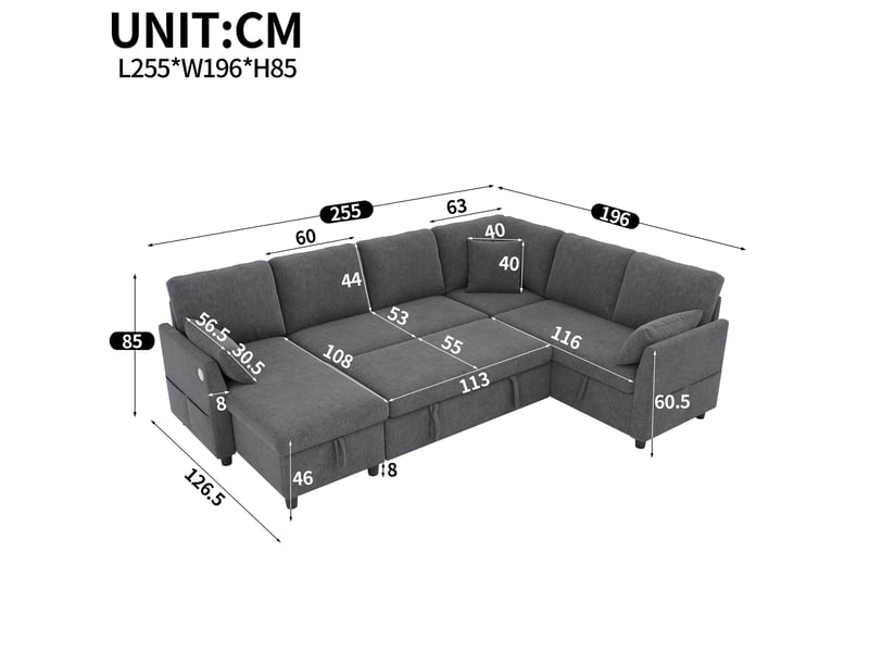  Canapé d’angle convertible 6 places 255x196x85 cm gris avec rangement  - Conforama C