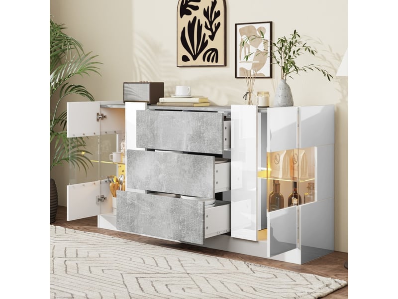  Buffet à 2 portes et 3 tiroirs, 140 x 35 x 75 cm, armoire de cuisine avec éclairage led  - Conforama D