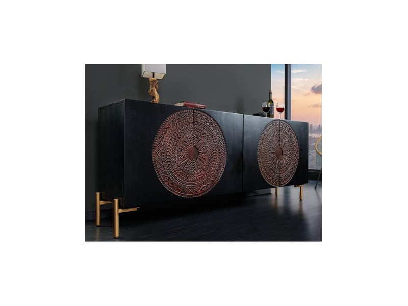  Buffet mahara 160 cm en bois de manguier massif – 4 portes sculptées noir, marron et doré  - Conforama E